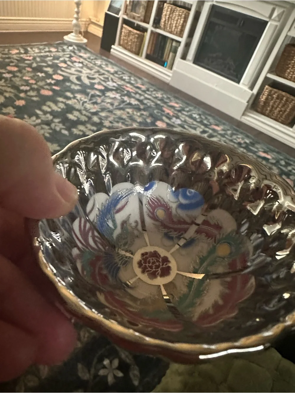 Hand-Painted Floral Glass Dish in Pink, Blue & Green - Unbranded